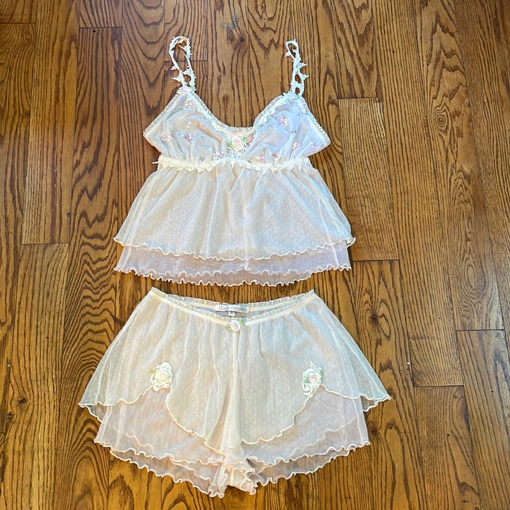 Women’s Vintage Claire Pettibone Lingerie Set  Pink/Cream Small Lace Mesh Rose